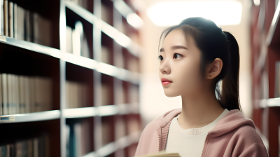 甜美大学女生在图书馆书架前照片