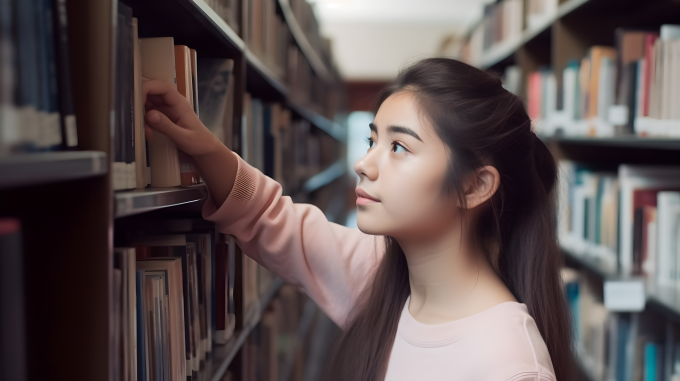 大学女生在图书馆书架前找书图片