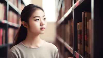 躁动书香大学女生在图书馆书架前摄影