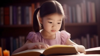 紫衣少女在图书馆阅读的摄影图片