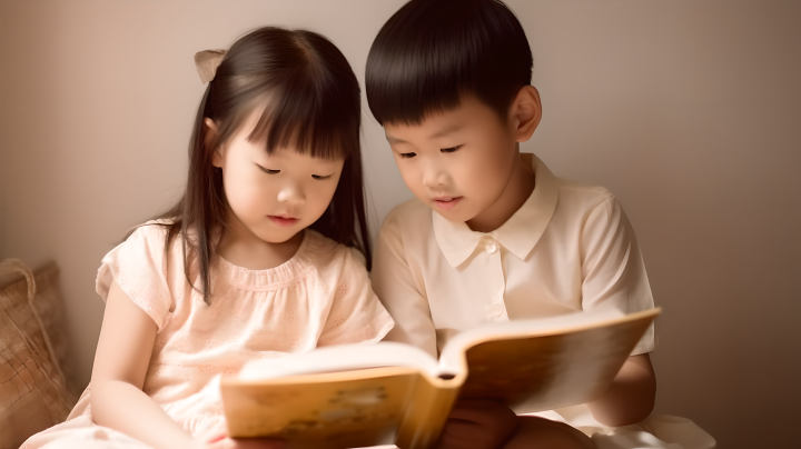 亚洲两名儿童共读书籍版权图片下载