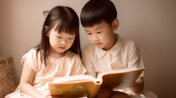 亚洲两名儿童共读书籍