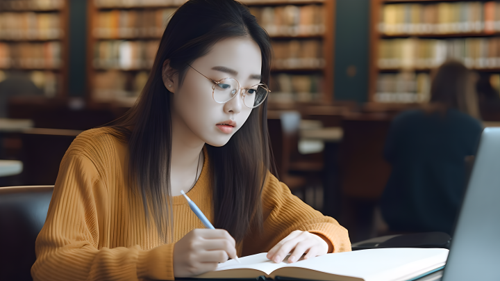 图书馆里认真学习的女大学生高清图版权图片下载