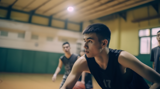 阳光活力篮球场上的青年大学生