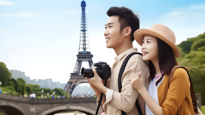 情侣法国旅行赏景摄影图版权图片下载