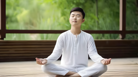 亚洲男孩瑜伽静坐冥想实拍摄影图