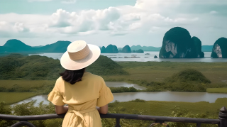 穿黄裙子的女孩游玩摄影图片