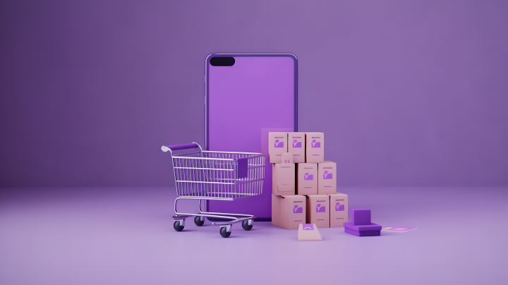紫色手机购物车和快递箱摄影版权图片下载