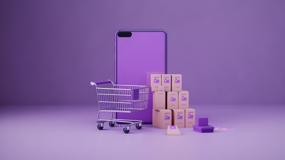 紫色手机购物车和快递箱摄影图片