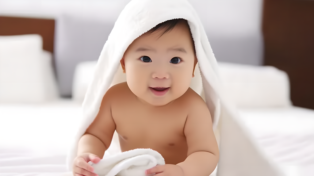 毛巾包裹着刚洗完澡的婴儿摄影图