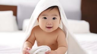 毛巾包裹着刚洗完澡的婴儿摄影图