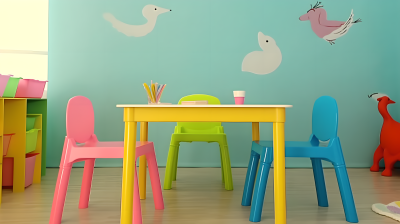幼儿园教室彩色可爱桌椅摄影图片