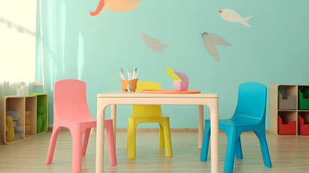 幼儿园教室小朋友彩色桌椅摄影图