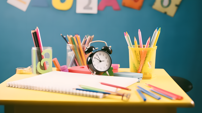 儿童桌上彩色文具摄影图