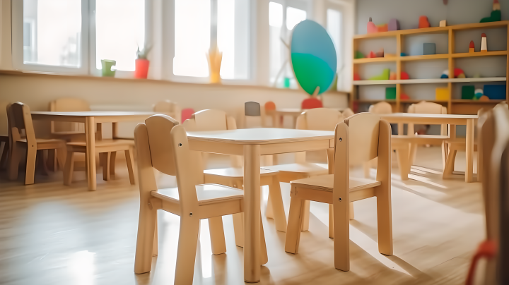 幼儿园游戏教室桌椅摄影图版权图片下载