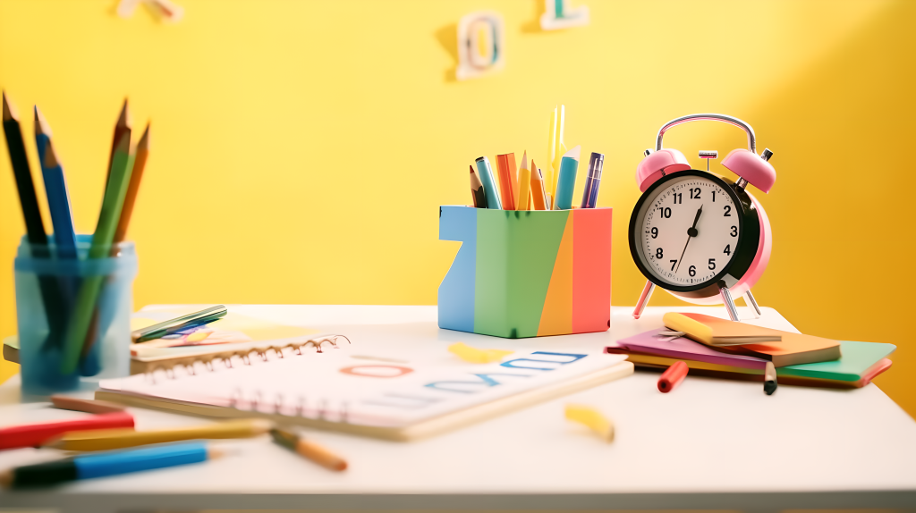 办公桌上的彩色文具豪情图