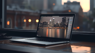 傍晚正在阳台办公摄影图