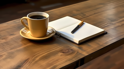 木桌上的咖啡杯笔记本钢笔摄影图片