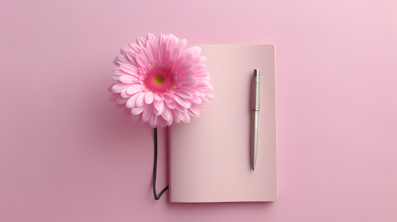 唯美粉色太阳花和笔记本摄影图
