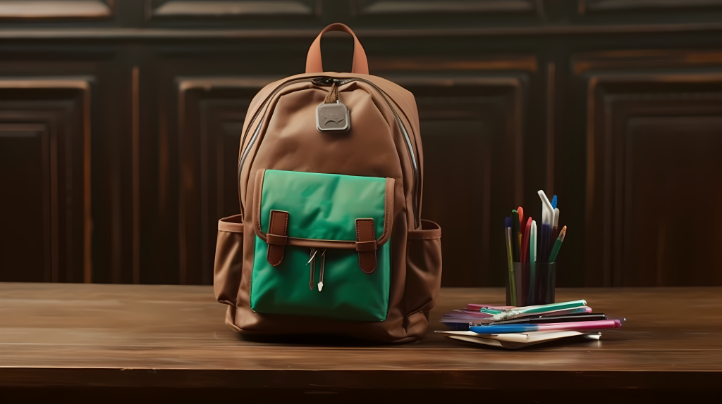 棕色双肩包学习中性笔摄影图版权图片下载