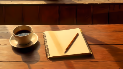 木桌上的笔记本和咖啡摄影图片