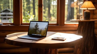 轻奢木桌上的笔记本电脑摄影图