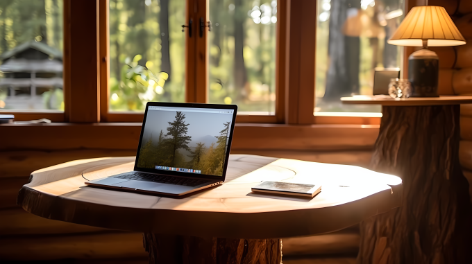 轻奢木桌上的笔记本电脑摄影图