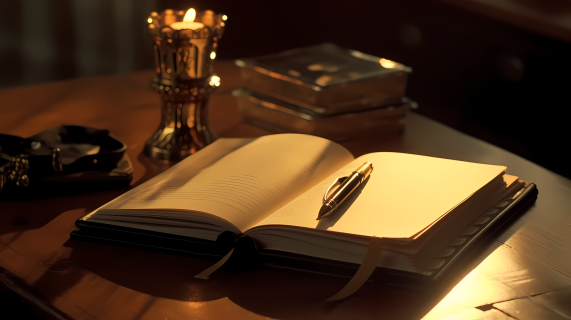 写意风格的金色黑色开放式桌面上的日记本和笔摄影图片