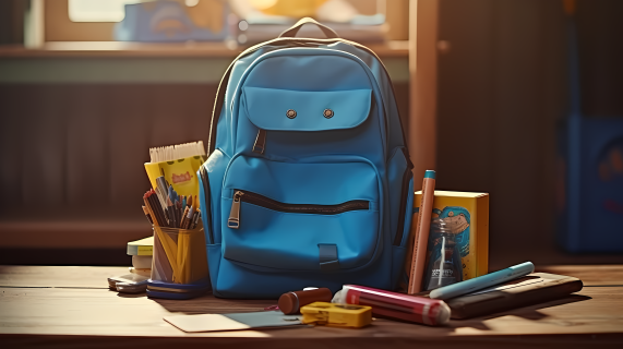 蓝色背包和学习用品在木桌上的摄影图片