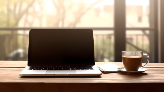 木质桌面上白屏笔记本电脑与咖啡杯的摄影图片