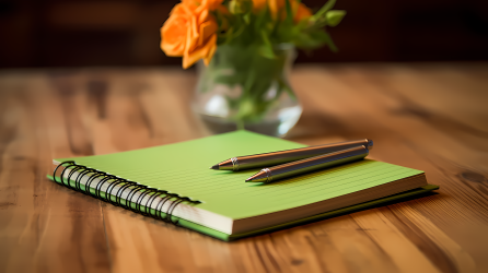 木桌上绿色螺旋笔记本与笔摄影图片