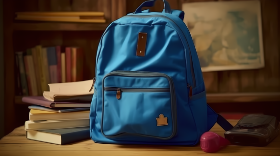 木质背景上的蓝色背包和书本摄影图