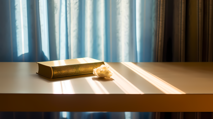 蓝色窗帘木质书桌摄影图片