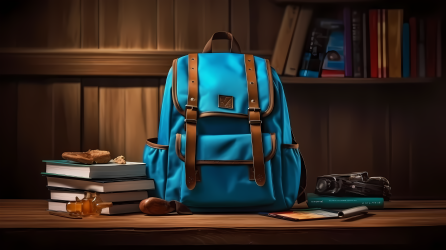 木桌上蓝色背包和学习用品的摄影图片