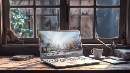白屏笔记本电脑和咖啡杯平放在木桌上摄影图