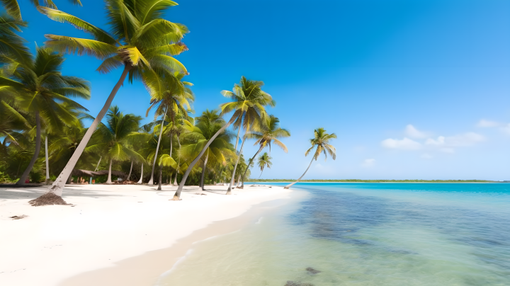 海滩上的椰树碧蓝天空和清澈海水摄影图版权图片下载