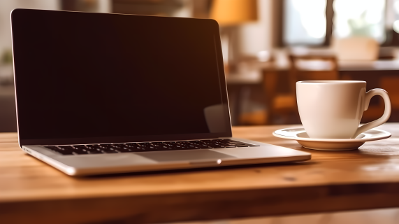 笔记本电脑与咖啡杯的平木桌摄影图