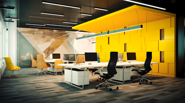 现代办公室黄桌椅墙摄影版权图片下载