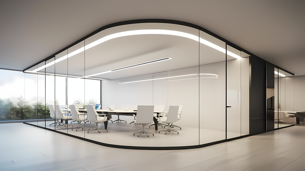 金属光泽办公隔断走向结实的线条与柔滑曲线摄影图