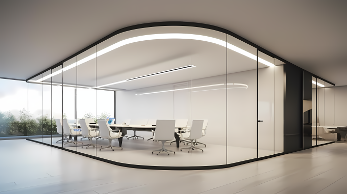 金属光泽办公隔断走向结实的线条与柔滑曲线摄影图