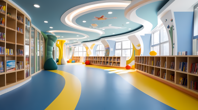 蓝黄色的儿童图书馆地面摄影图