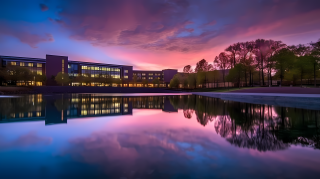 紫色夜空湖畔建筑摄影图