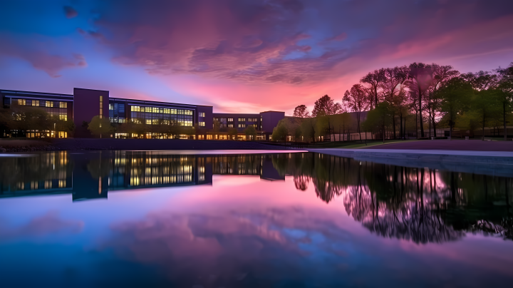 紫色夜空湖畔建筑摄影图版权图片下载