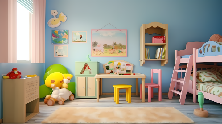 蓝色幼儿园教室玩耍的幼儿寝室摄影版权图片下载
