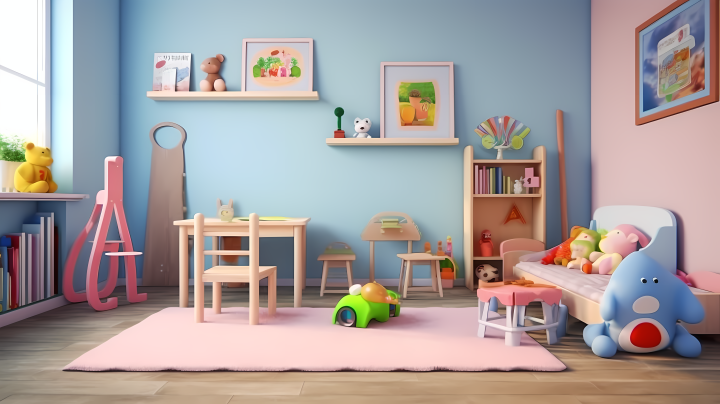 幼儿园蓝色房间中玩耍的幼儿摄影版权图片下载