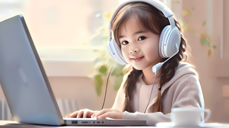 电脑前听音乐的可爱小女孩图