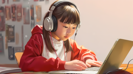 小女孩耳戴头戴式耳机使用手机和笔记本电脑高清图