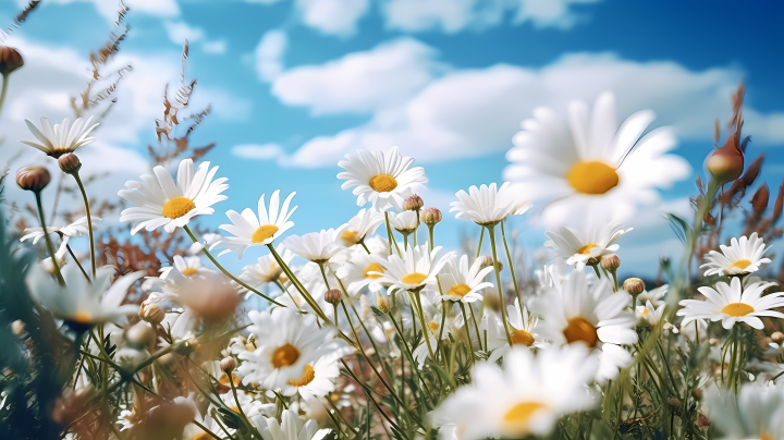 白色雏菊在开阔天空前绽放的摄影图版权图片下载