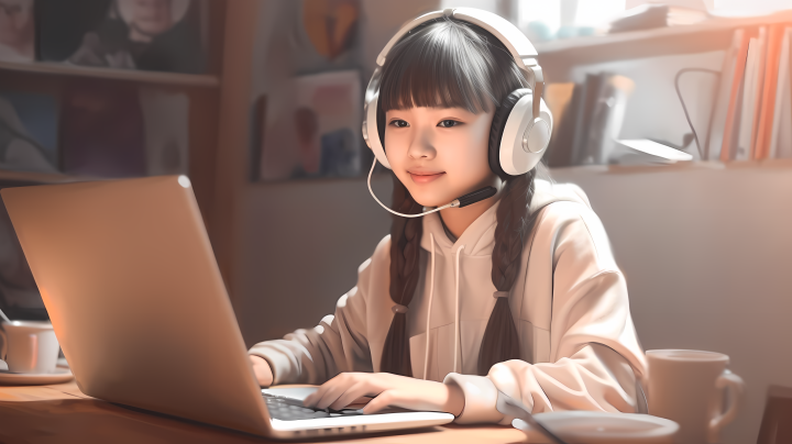 亚洲女孩戴耳机电脑前摄影版权图片下载