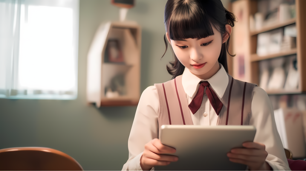 房间内用平板学习的女学生摄影图版权图片下载